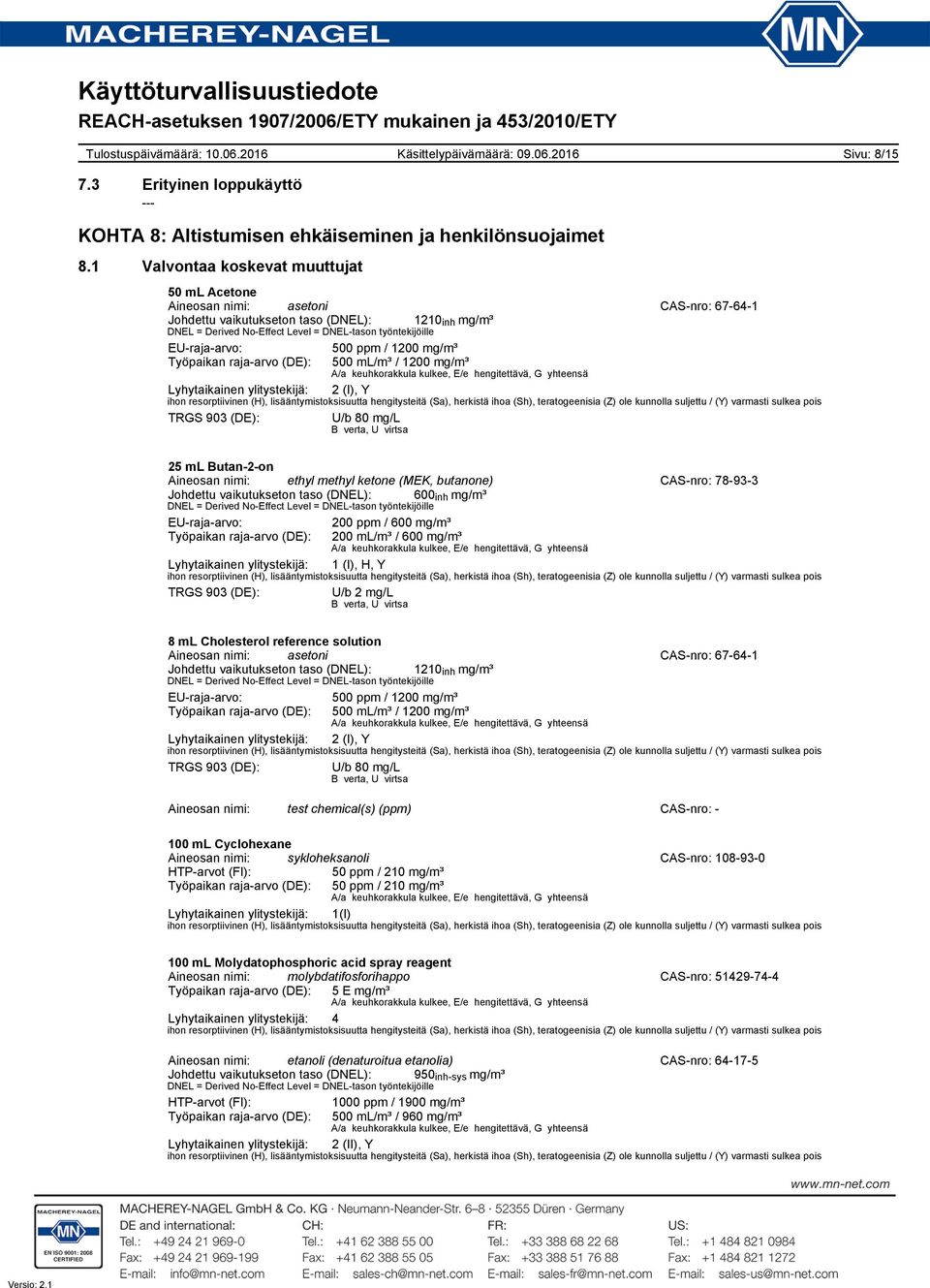 EU-raja-arvo: 500 ppm / 1200 mg/m³ Työpaikan raja-arvo (DE): 500 ml/m³ / 1200 mg/m³ A/a keuhkorakkula kulkee, E/e hengitettävä, G yhteensä Lyhytaikainen ylitystekijä: 2 (I), Y ihon resorptiivinen