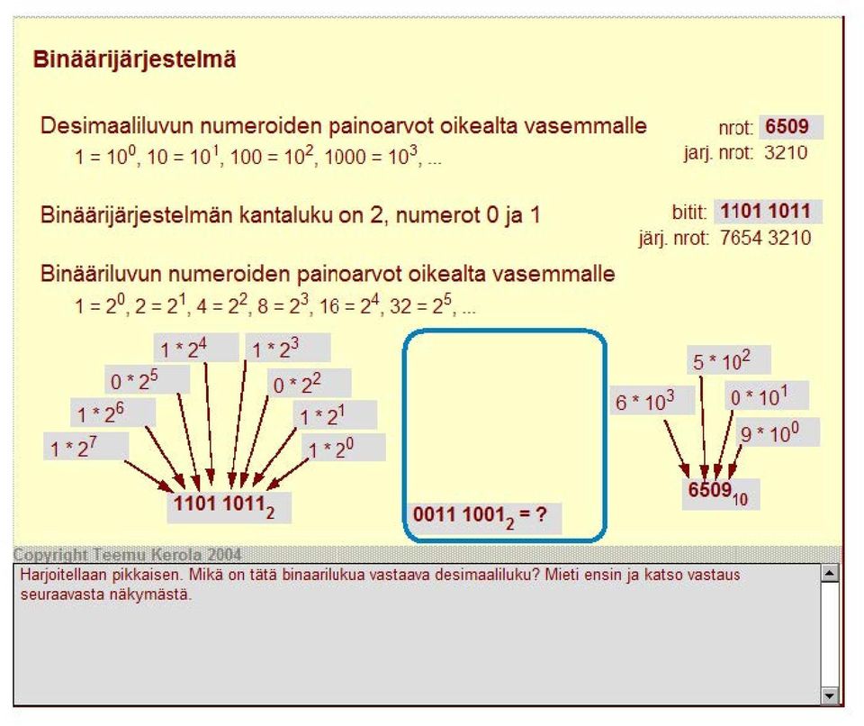 nrot: 3210 Bioäärijärjestelmän kantaluku on 2, numerot 0 ja 1 Bioääriluvun numeroiden painoarvot oikealta vasemmalle 1 =