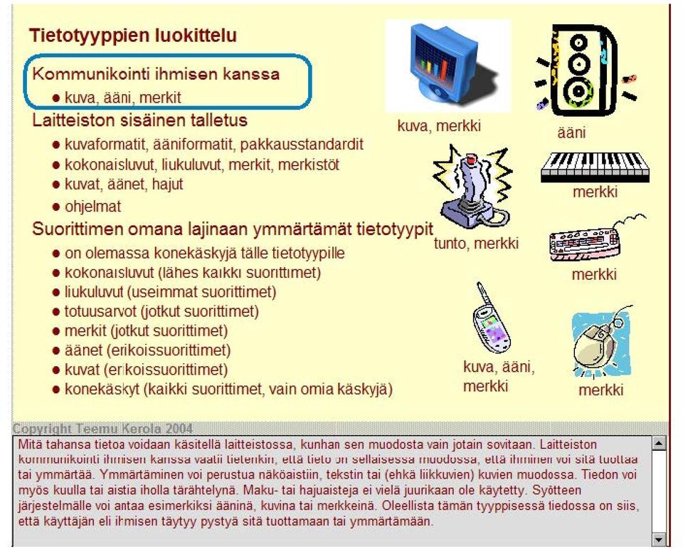 on olemassa konekäskyjä tälle ti etotyypi IIe tunto, merkki kokona1s1uvut (lähes ka1kk1 suontt1met) liukuluvut (useimmat suorittimet) totuusarvot Ootkut suorittimet) merkit Ootkut suorittimet) äänet