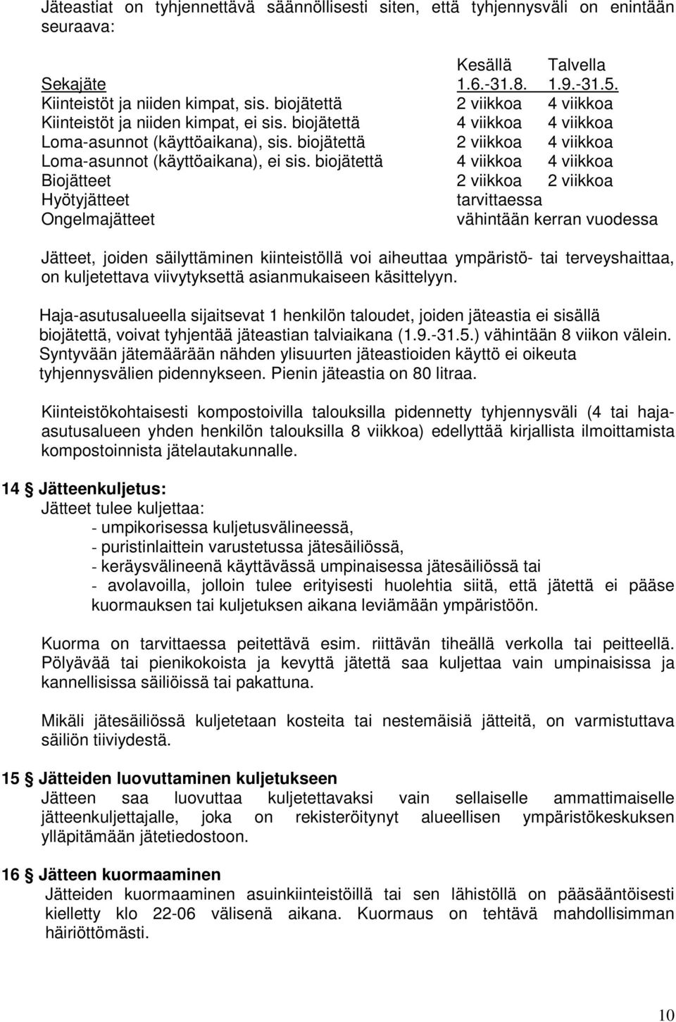 biojätettä 2 viikkoa 4 viikkoa Loma-asunnot (käyttöaikana), ei sis.