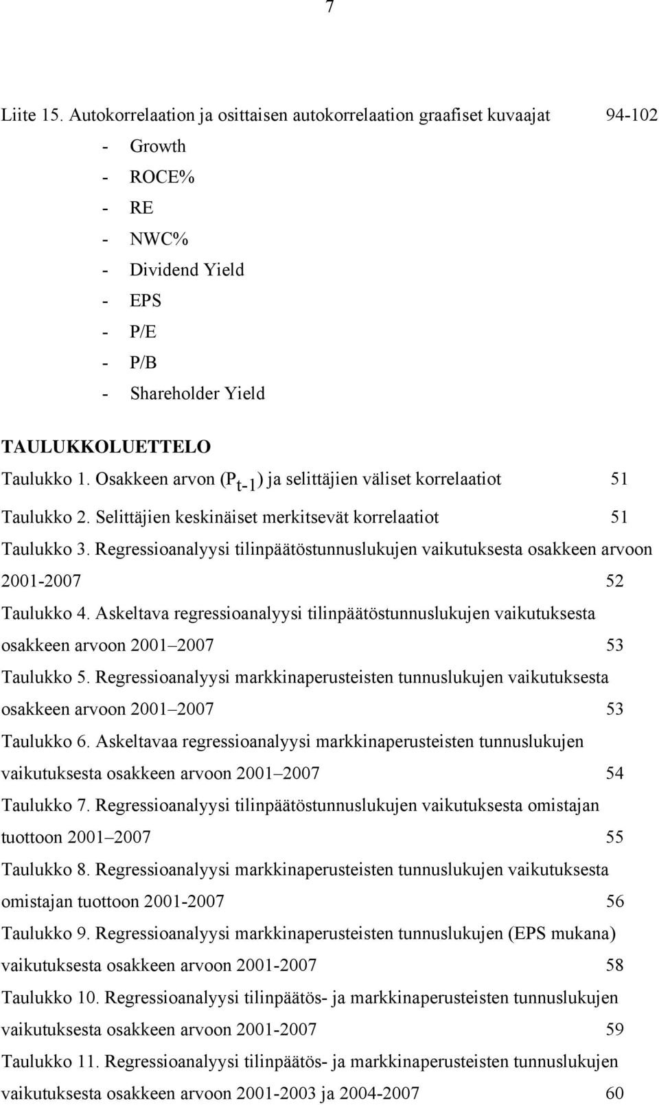 Regressioanalyysi tilinpäätöstunnuslukujen vaikutuksesta osakkeen arvoon 2001-2007 52 Taulukko 4.