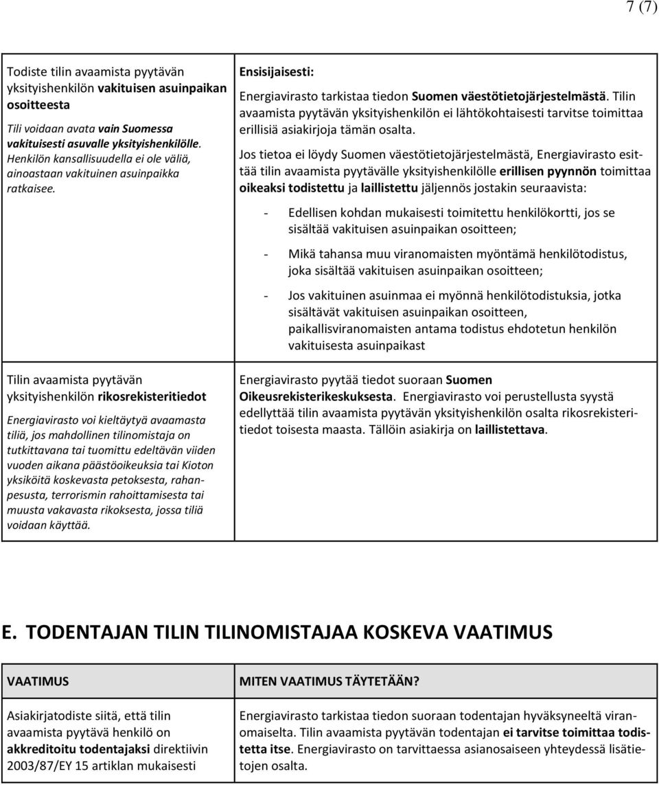 Tilin avaamista pyytävän yksityishenkilön rikosrekisteritiedot Energiavirasto voi kieltäytyä avaamasta tiliä, jos mahdollinen tilinomistaja on tutkittavana tai tuomittu edeltävän viiden vuoden aikana