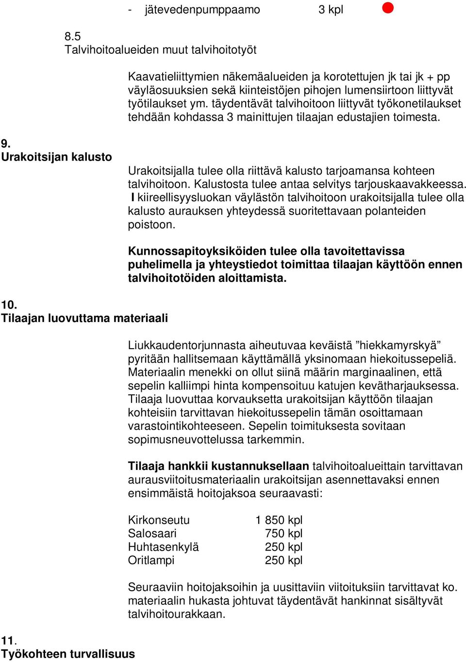 täydentävät talvihoitoon liittyvät työkonetilaukset tehdään kohdassa 3 mainittujen tilaajan edustajien toimesta. 9.