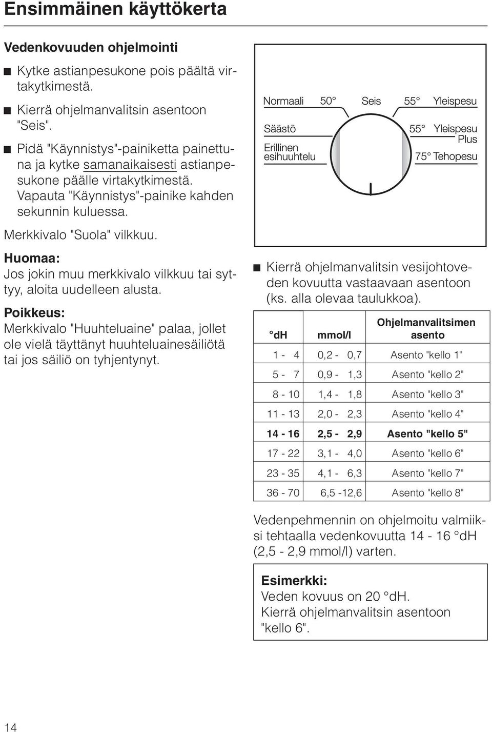 Huomaa: Jos jokin muu merkkivalo vilkkuu tai syttyy, aloita uudelleen alusta. Poikkeus: Merkkivalo "Huuhteluaine" palaa, jollet ole vielä täyttänyt huuhteluainesäiliötä tai jos säiliö on tyhjentynyt.