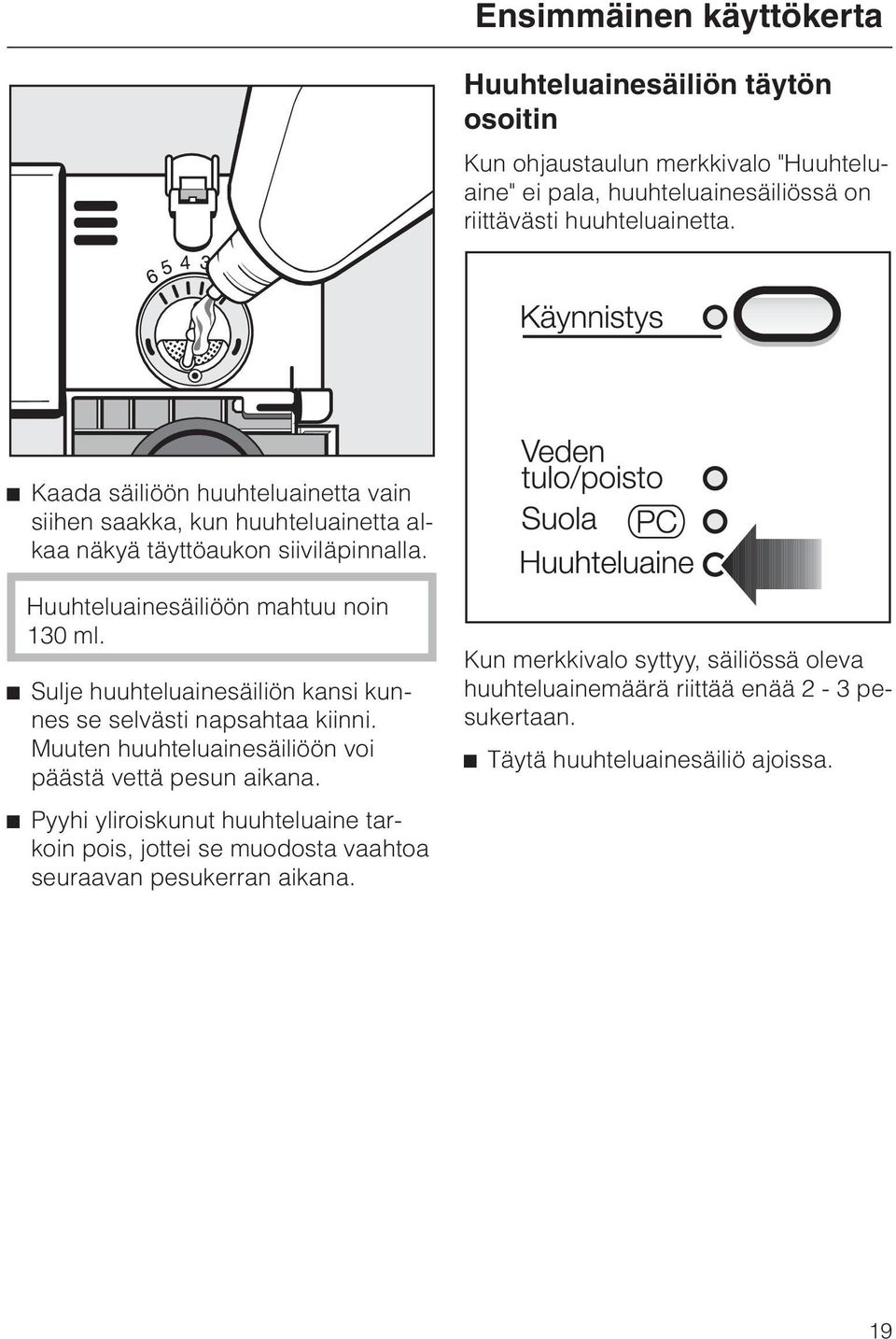 ^ Sulje huuhteluainesäiliön kansi kunnes se selvästi napsahtaa kiinni. Muuten huuhteluainesäiliöön voi päästä vettä pesun aikana.