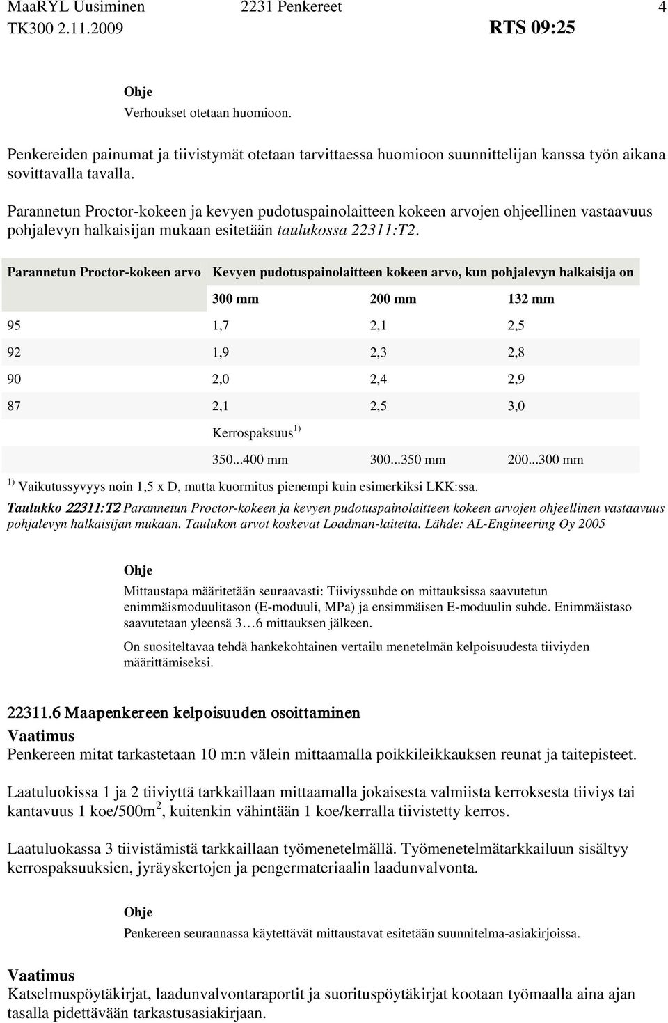 Parannetun Proctor-kokeen arvo Kevyen pudotuspainolaitteen kokeen arvo, kun pohjalevyn halkaisija on 300 mm 200 mm 132 mm 95 1,7 2,1 2,5 92 1,9 2,3 2,8 90 2,0 2,4 2,9 87 2,1 2,5 3,0 Kerrospaksuus 1)