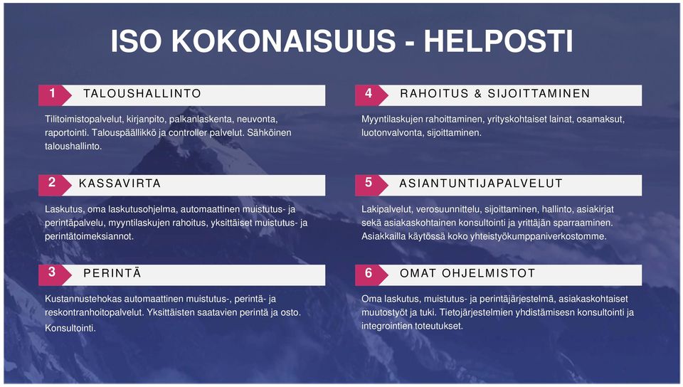 2 KASSAVIRTA 5 ASIANTUNTIJAPALVELUT Laskutus, oma laskutusohjelma, automaattinen muistutus- ja perintäpalvelu, myyntilaskujen rahoitus, yksittäiset muistutus- ja perintätoimeksiannot.