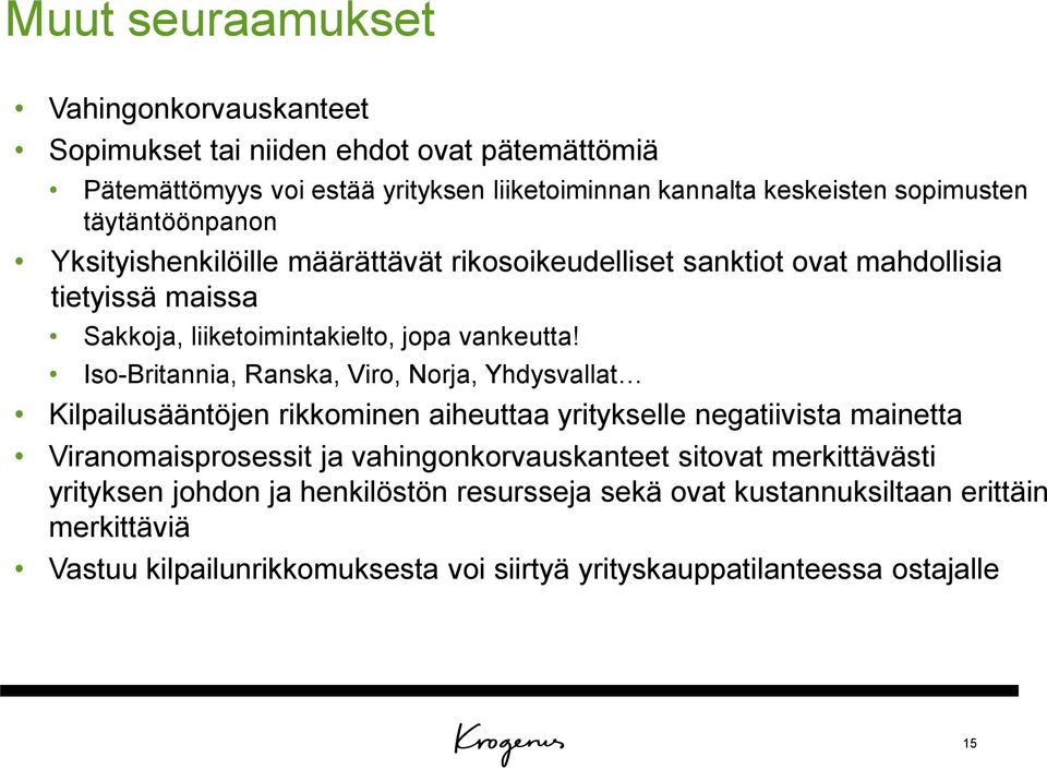 Iso-Britannia, Ranska, Viro, Norja, Yhdysvallat Kilpailusääntöjen rikkominen aiheuttaa yritykselle negatiivista mainetta Viranomaisprosessit ja vahingonkorvauskanteet