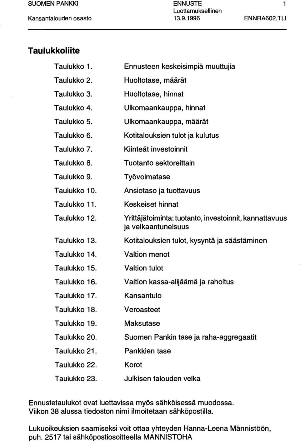 Ennusteen keskeisimpiä muuttujia Huoltotase, määrät Huoltotase, hinnat Ulkomaankauppa, hinnat Ulkomaankauppa, määrät Kotitalouksien tulot ja kulutus Kiinteät investoinnit Tuotanto sektoreittain