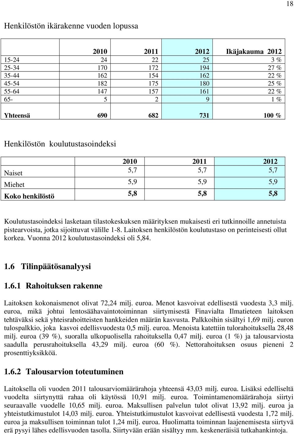 mukaisesti eri tutkinnoille annetuista pistearvoista, jotka sijoittuvat välille 1-8. Laitoksen henkilöstön koulutustaso on perinteisesti ollut korkea. Vuonna 2012 koulutustasoindeksi oli 5,84. 1.6 Tilinpäätösanalyysi 1.