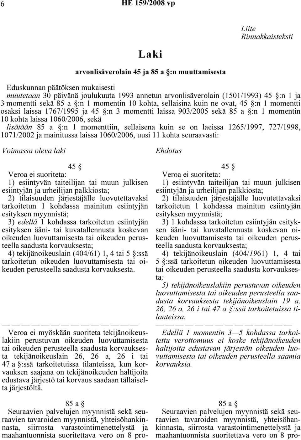 sekä lisätään 85 a :n 1 momenttiin, sellaisena kuin se on laeissa 1265/1997, 727/1998, 1071/2002 ja mainitussa laissa 1060/2006, uusi 11 kohta seuraavasti: Voimassa oleva laki 45 Veroa ei suoriteta: