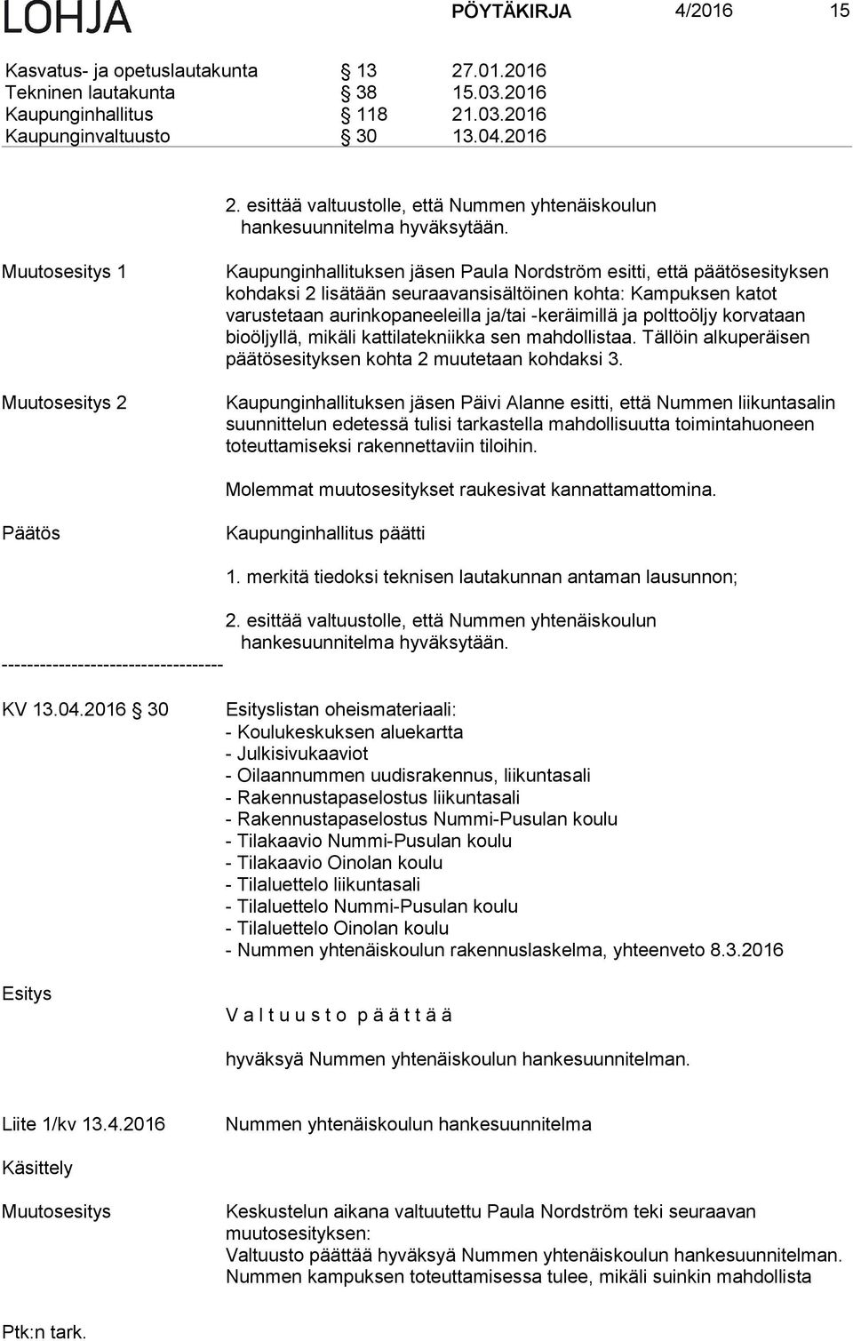 Muutosesitys 1 Muutosesitys 2 Kaupunginhallituksen jäsen Paula Nordström esitti, että päätösesityksen kohdaksi 2 lisätään seuraavansisältöinen kohta: Kampuksen katot varustetaan aurinkopaneeleilla