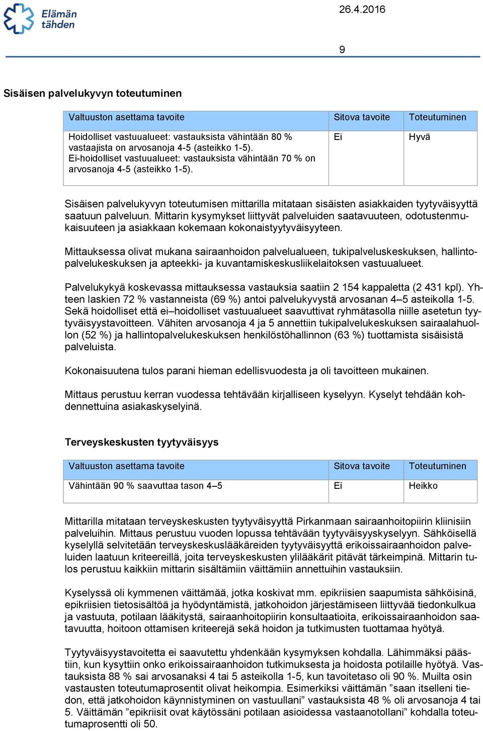 Ei Hyvä Sisäisen palvelukyvyn toteutumisen mittarilla mitataan sisäisten asiakkaiden tyytyväisyyttä saatuun palveluun.