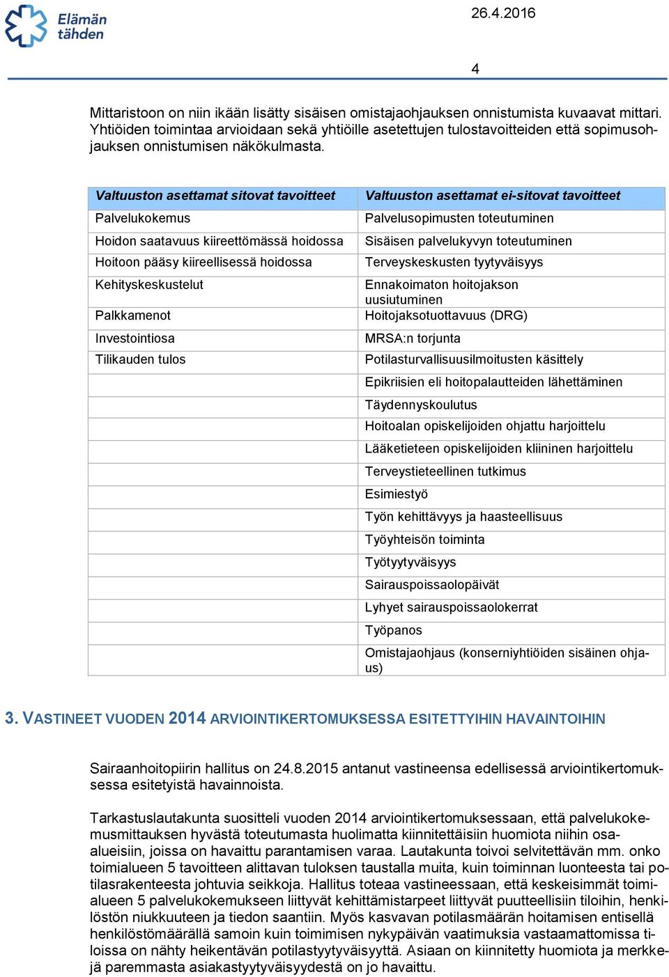 Valtuuston asettamat sitovat tavoitteet Palvelukokemus Hoidon saatavuus kiireettömässä hoidossa Hoitoon pääsy kiireellisessä hoidossa Kehityskeskustelut Palkkamenot Investointiosa Tilikauden tulos