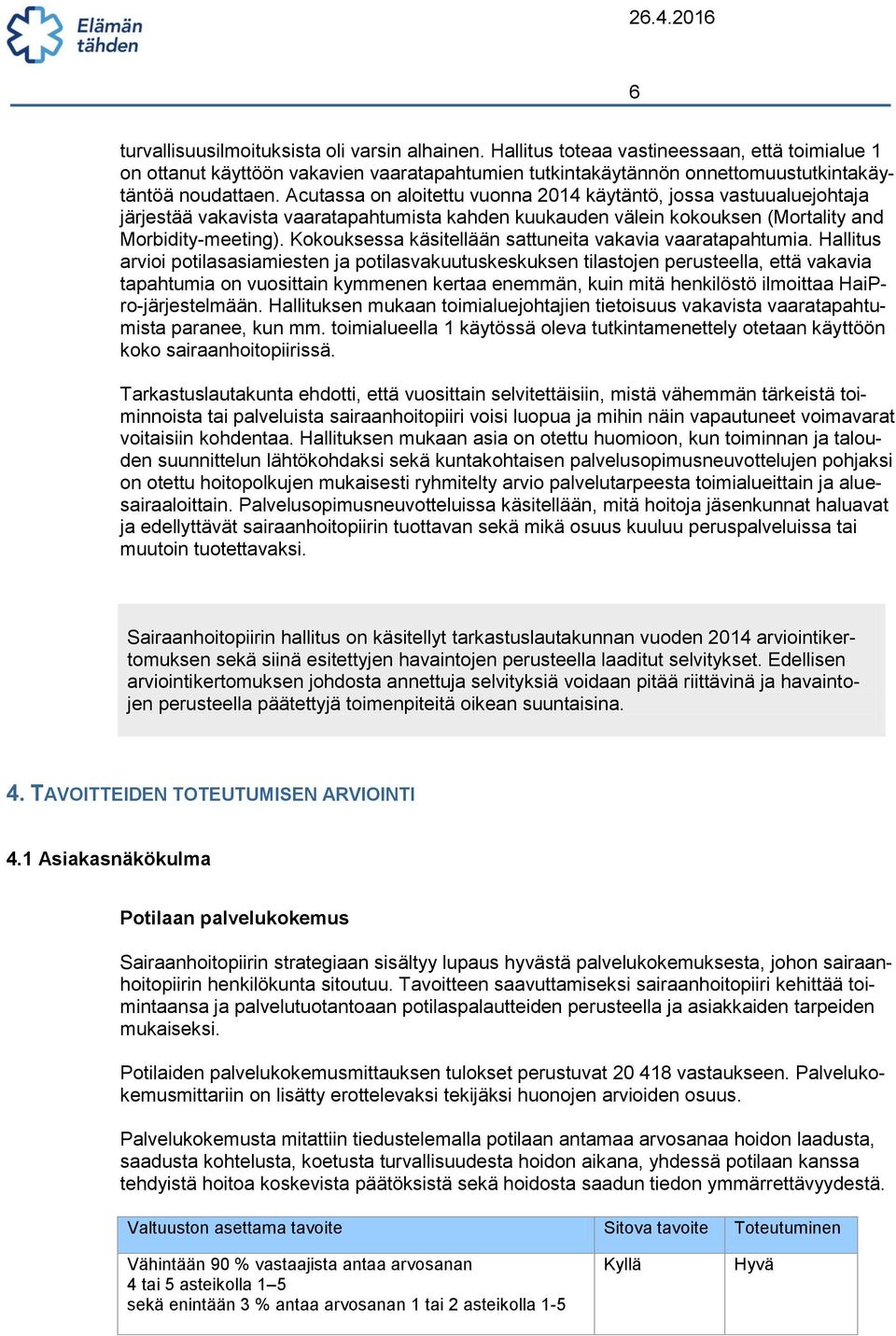 Acutassa on aloitettu vuonna 2014 käytäntö, jossa vastuualuejohtaja järjestää vakavista vaaratapahtumista kahden kuukauden välein kokouksen (Mortality and Morbidity-meeting).