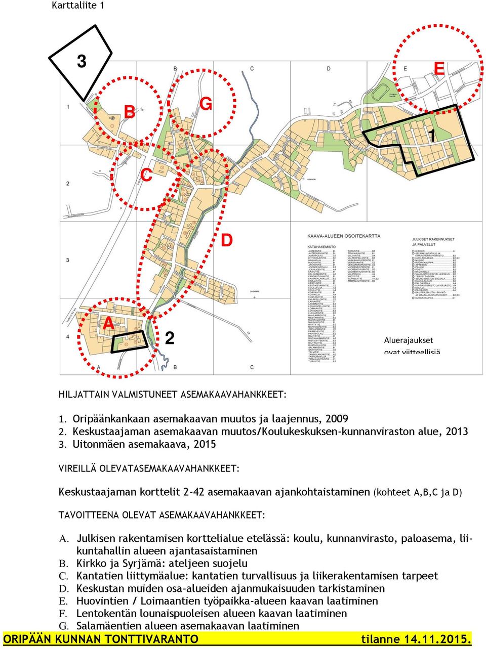 Uitonmäen asemakaava, 2015 VIREILLÄ OLEVATASEMAKAAVAHANKKEET: Keskustaajaman korttelit 2-42 asemakaavan ajankohtaistaminen (kohteet A,B,C ja D) TAVOITTEENA OLEVAT ASEMAKAAVAHANKKEET: A.