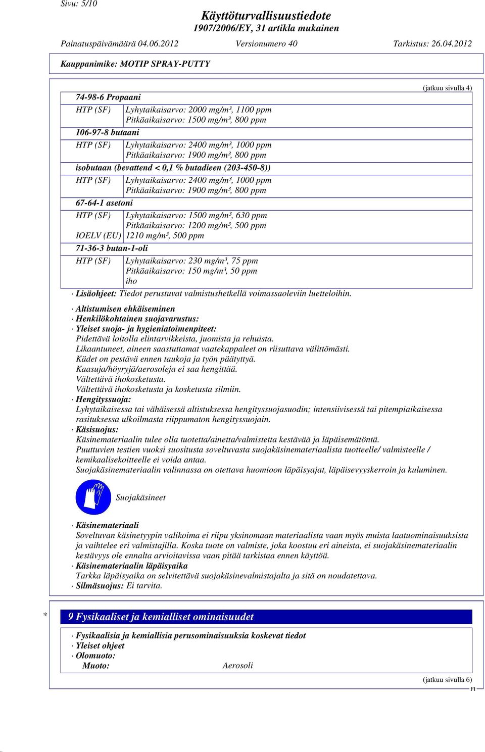 mg/m³, 630 ppm Pitkäaikaisarvo: 1200 mg/m³, 500 ppm IOELV (EU) 1210 mg/m³, 500 ppm 71-36-3 butan-1-oli HTP (SF) Lyhytaikaisarvo: 230 mg/m³, 75 ppm Pitkäaikaisarvo: 150 mg/m³, 50 ppm iho Lisäohjeet: