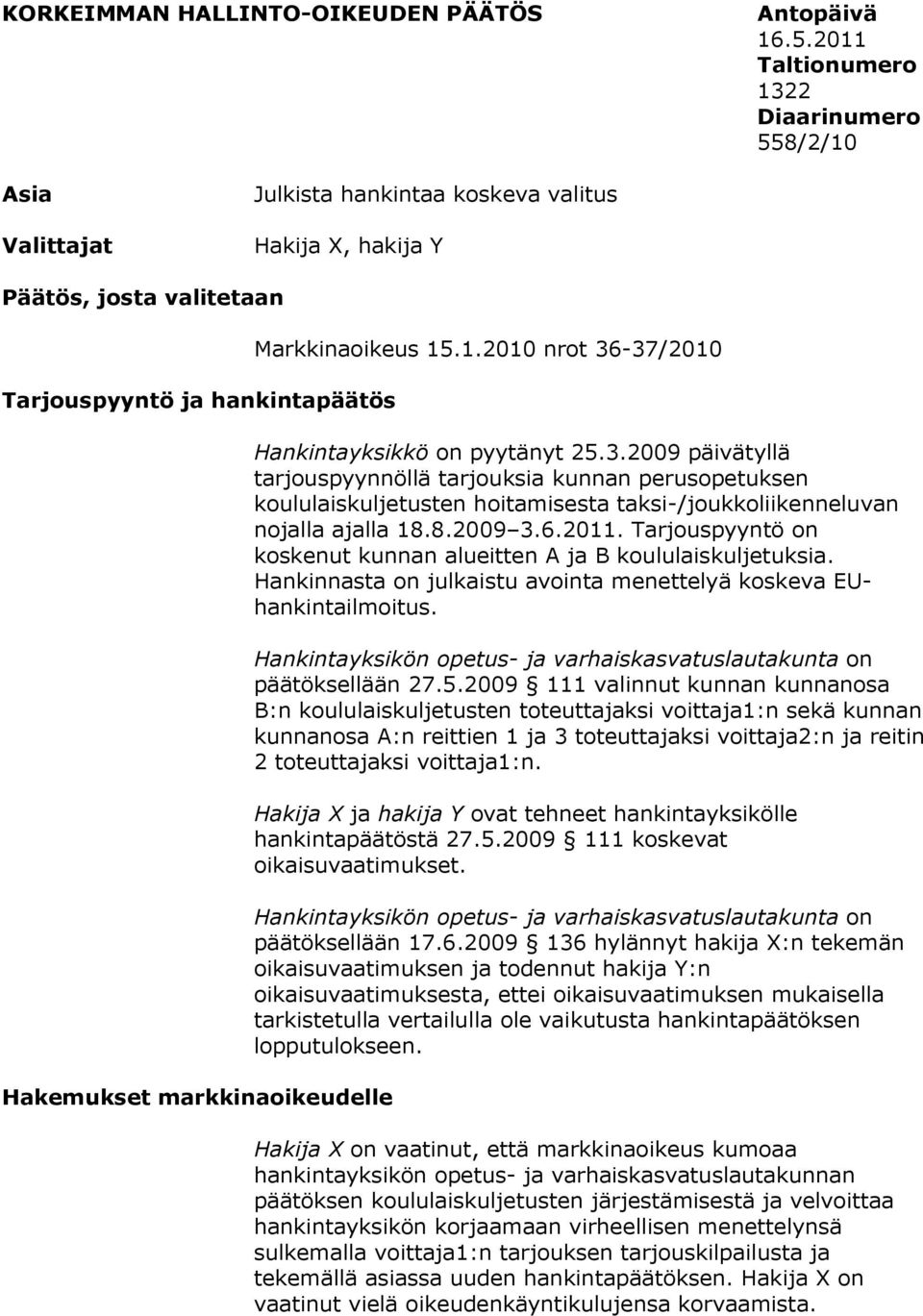 markkinaoikeudelle Markkinaoikeus 15.1.2010 nrot 36-37/2010 Hankintayksikkö on pyytänyt 25.3.2009 päivätyllä tarjouspyynnöllä tarjouksia kunnan perusopetuksen koululaiskuljetusten hoitamisesta taksi-/joukkoliikenneluvan nojalla ajalla 18.