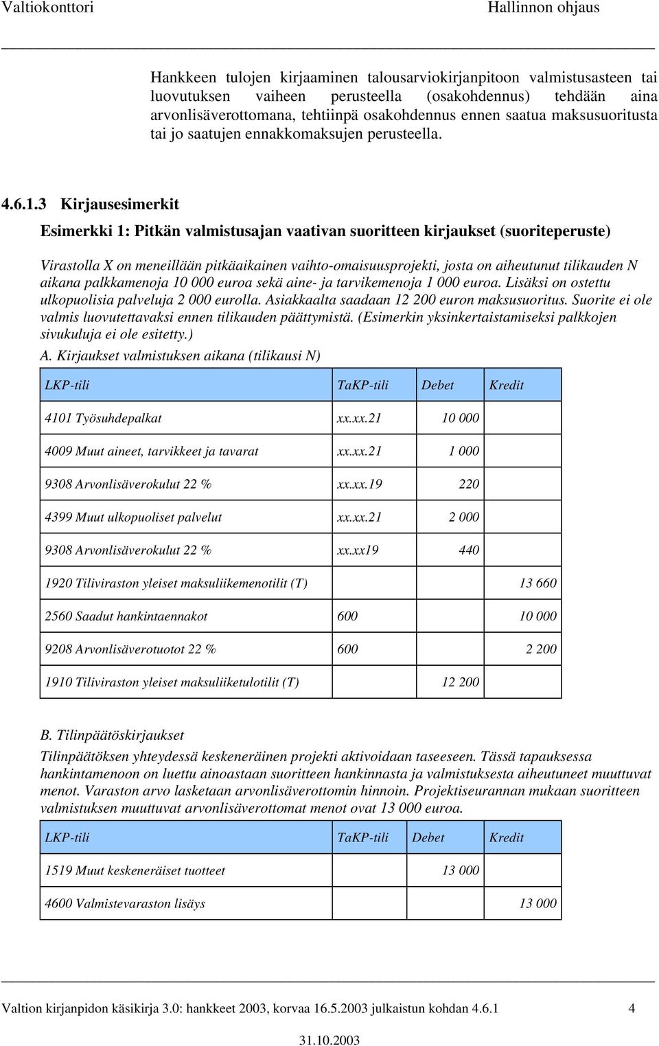 3 Kirjausesimerkit Esimerkki 1: Pitkän valmistusajan vaativan suoritteen kirjaukset (suoriteperuste) Virastolla X on meneillään pitkäaikainen vaihto-omaisuusprojekti, josta on aiheutunut tilikauden N