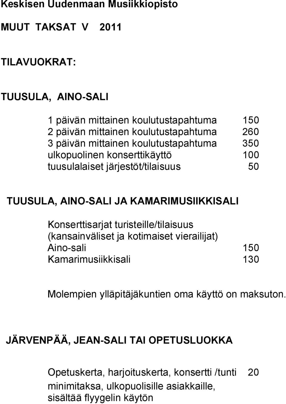 KAMARIMUSIIKKISALI Konserttisarjat turisteille/tilaisuus (kansainväliset ja kotimaiset vierailijat) Aino-sali 150 Kamarimusiikkisali 130 Molempien