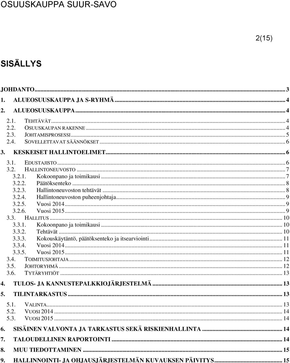 Hallintoneuvoston puheenjohtaja... 9 3.2.5. Vuosi 2014... 9 3.2.6. Vuosi 2015... 9 3.3. HALLITUS... 10 3.3.1. Kokoonpano ja toimikausi... 10 3.3.2. Tehtävät... 10 3.3.3. Kokouskäytäntö, päätöksenteko ja itsearviointi.