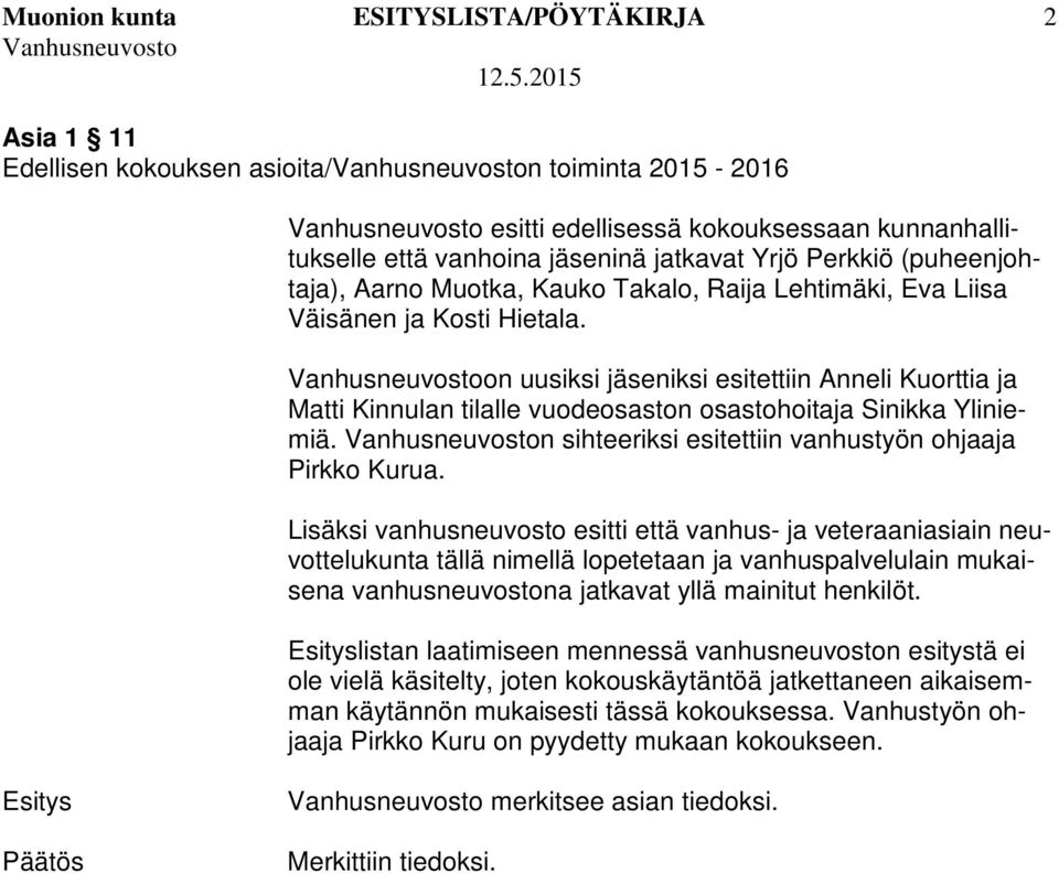 on uusiksi jäseniksi esitettiin Anneli Kuorttia ja Matti Kinnulan tilalle vuodeosaston osastohoitaja Sinikka Yliniemiä. n sihteeriksi esitettiin vanhustyön ohjaaja Pirkko Kurua.