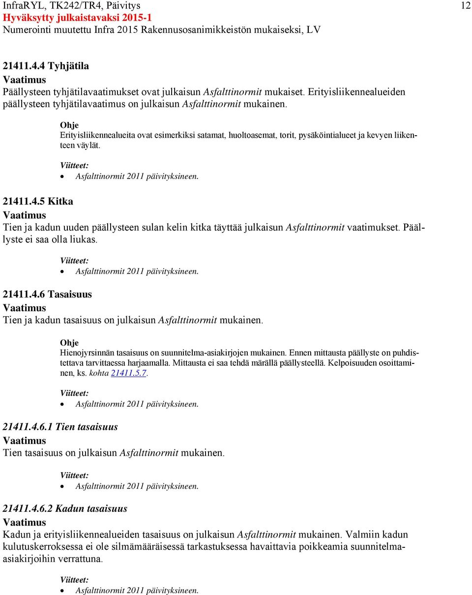 1.4.5 Kitka Tien ja kadun uuden päällysteen sulan kelin kitka täyttää julkaisun vaatimukset. Päällyste ei saa olla liukas. 21411.4.6 Tasaisuus Tien ja kadun tasaisuus on julkaisun mukainen.
