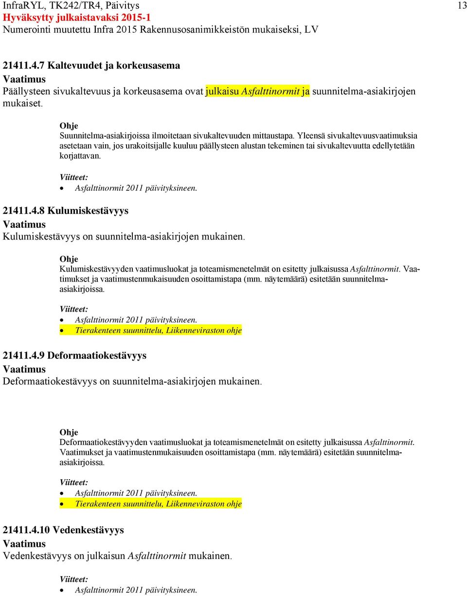 Yleensä sivukaltevuusvaatimuksia asetetaan vain, jos urakoitsijalle kuuluu päällysteen alustan tekeminen tai sivukaltevuutta edellytetään korjattavan. 2141