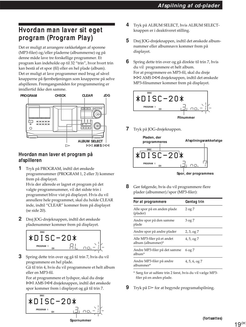 Det er muligt at lave programmer med brug af såvel knapperne på fjernbetjeningen som knapperne på selve afspilleren. Fremgangsmåden for programmering er imidlertid ikke den samme.