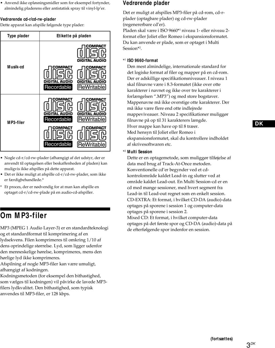 plader) og cd-rw-plader (regenererbare cd er). Pladen skal være i ISO 9660* 1 niveau 1- eller niveau 2- format eller Joliet eller Romeo i ekspansionsformatet.