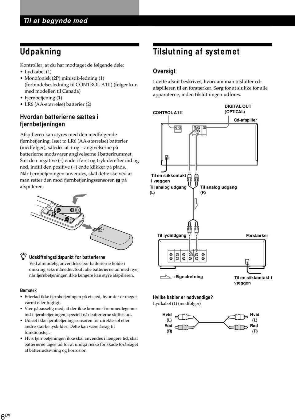 Isæt to LR6 (AA-størrelse) batterier (medfølger), således at + og angivelserne på batterierne modsvarer angivelserne i batterirummet.