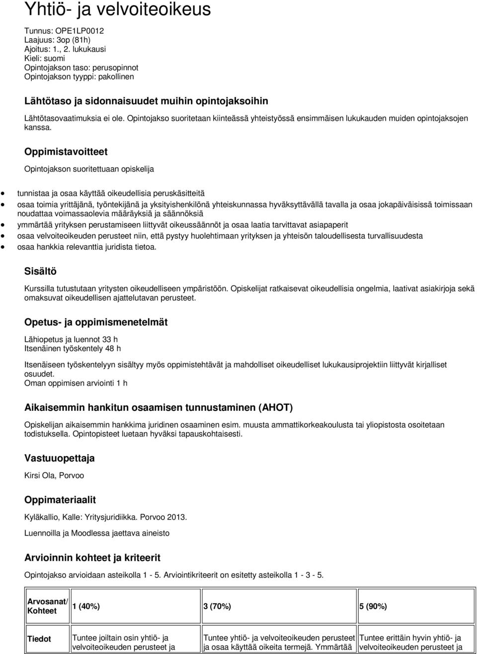 Opintojakso suoritetaan kiinteässä yhteistyössä ensimmäisen lukukauden muiden opintojaksojen kanssa.