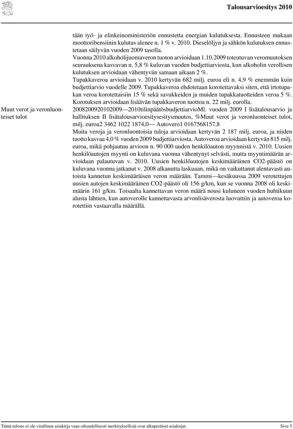 5,8 % kuluvan vuoden budjettiarviosta, kun alkoholin verollisen kulutuksen arvioidaan vähentyvän samaan aikaan 2 %. Tupakkaveroa arvioidaan v. 2010 kertyvän 682 milj. euroa eli n.