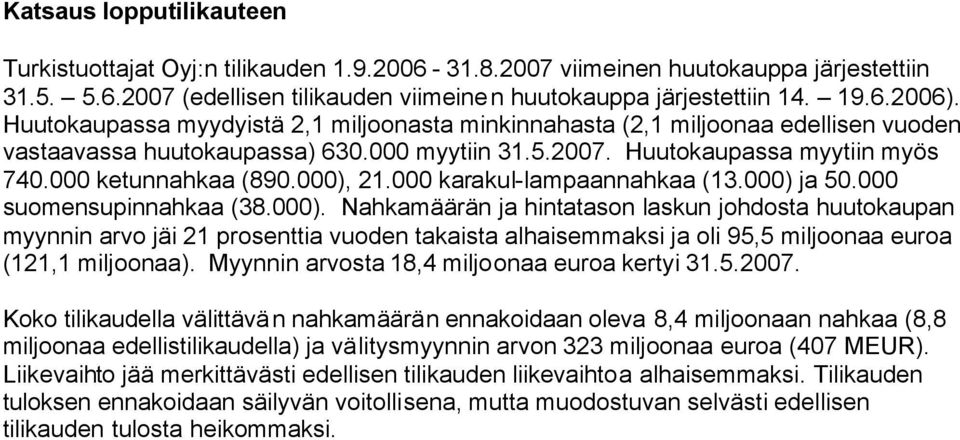 000), 21.000 karakul-lampaannahkaa (13.000) ja 50.000 suomensupinnahkaa (38.000). Nahkamäärän ja hintatason laskun johdosta huutokaupan myynnin arvo jäi 21 prosenttia vuoden takaista alhaisemmaksi ja oli 95,5 miljoonaa euroa (121,1 miljoonaa).