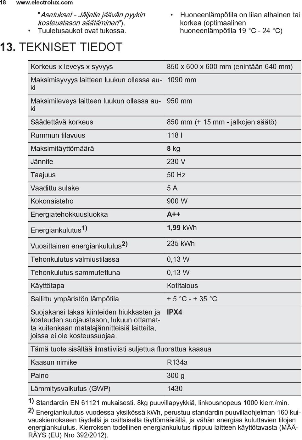 luukun ollessa auki Säädettävä korkeus Rummun tilavuus Maksimitäyttömäärä Jännite Taajuus Vaadittu sulake Kokonaisteho Energiatehokkuusluokka Energiankulutus 1) Vuosittainen energiankulutus 2)