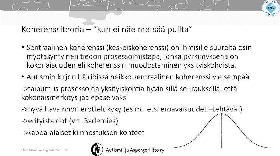 Autismin kirjon häiriöissä heikko sentraalinen koherenssi yleisempää ->taipumus prosessoida yksityiskohtia hyvin sillä seurauksella, että