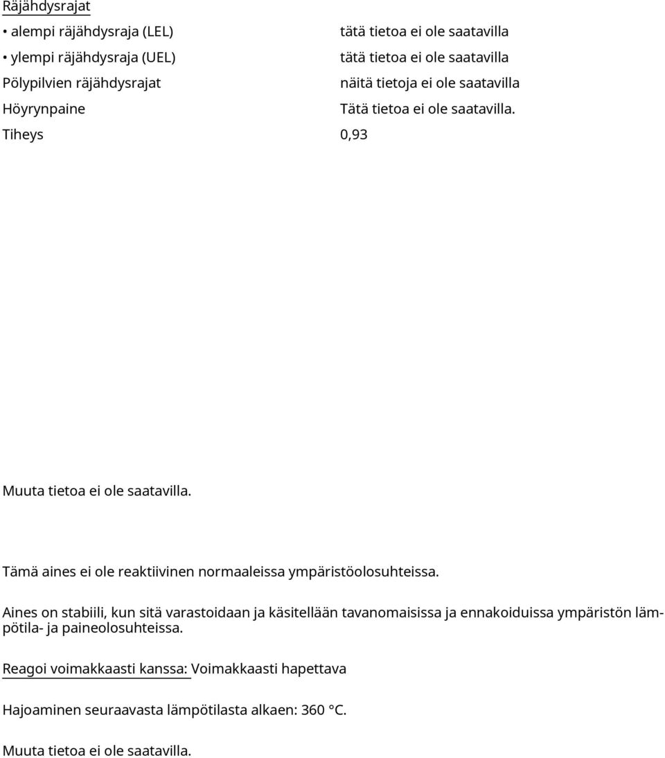 1 Reaktiivisuus Tämä aines reaktiivinen normaaleissa ympäristöolosuhteissa. 10.