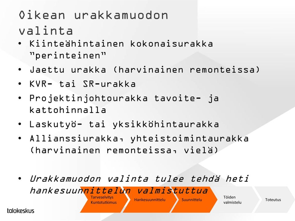 kattohinnalla Laskutyö- tai yksikköhintaurakka Allianssiurakka, yhteistoimintaurakka