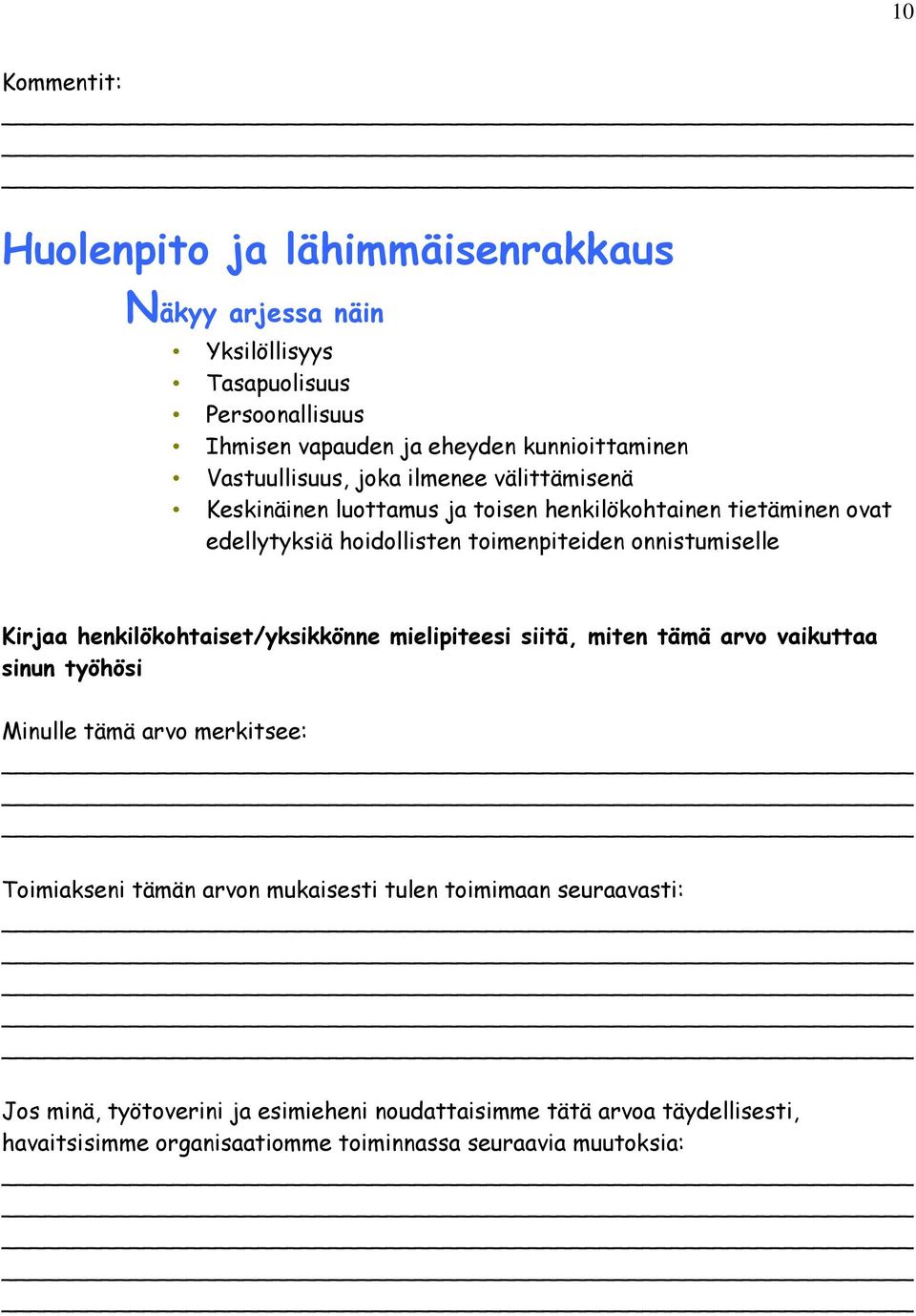 onnistumiselle Kirjaa henkilökohtaiset/yksikkönne mielipiteesi siitä, miten tämä arvo vaikuttaa sinun työhösi Minulle tämä arvo merkitsee: Toimiakseni tämän