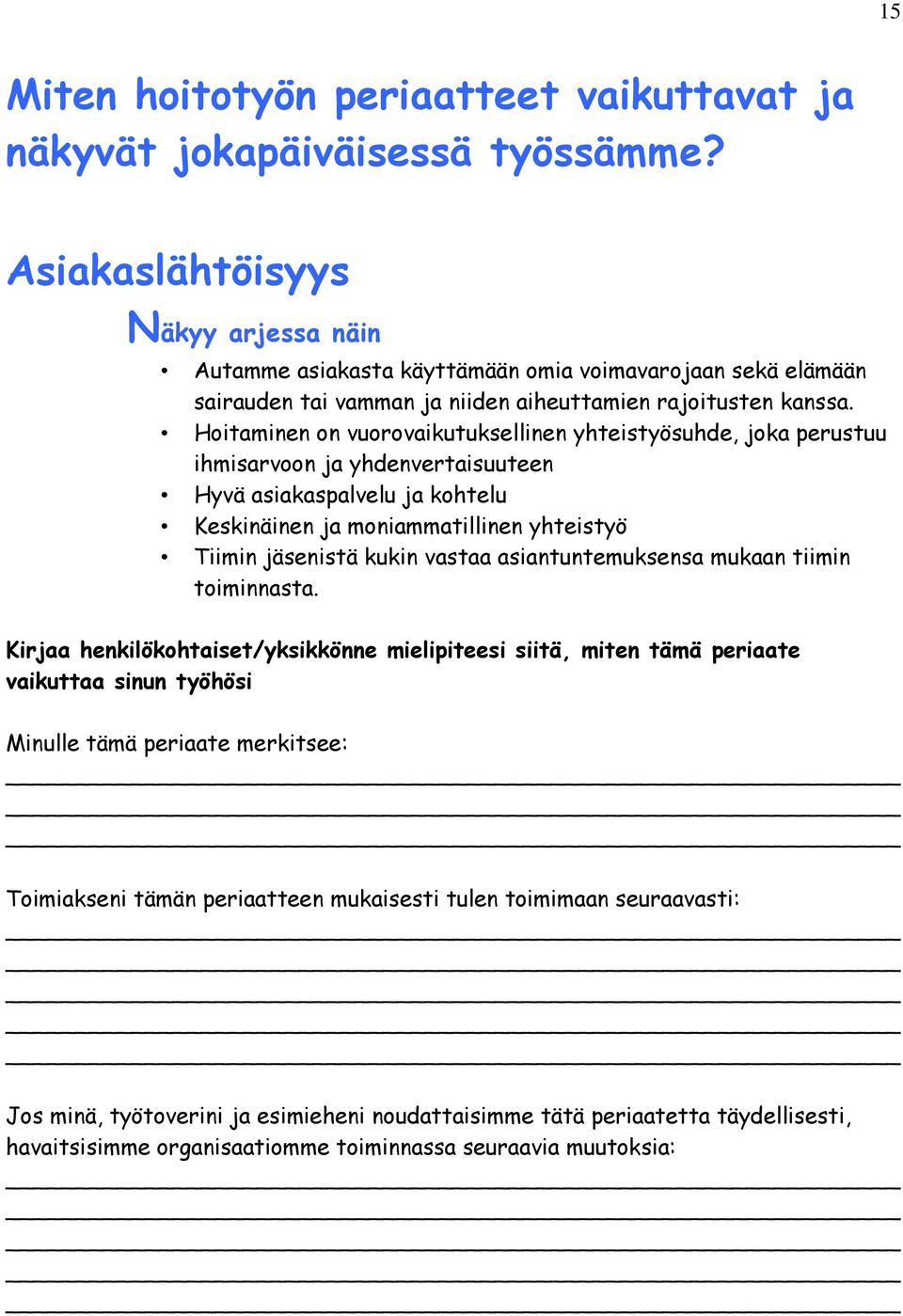 Hoitaminen on vuorovaikutuksellinen yhteistyösuhde, joka perustuu ihmisarvoon ja yhdenvertaisuuteen Hyvä asiakaspalvelu ja kohtelu Keskinäinen ja moniammatillinen yhteistyö Tiimin jäsenistä kukin