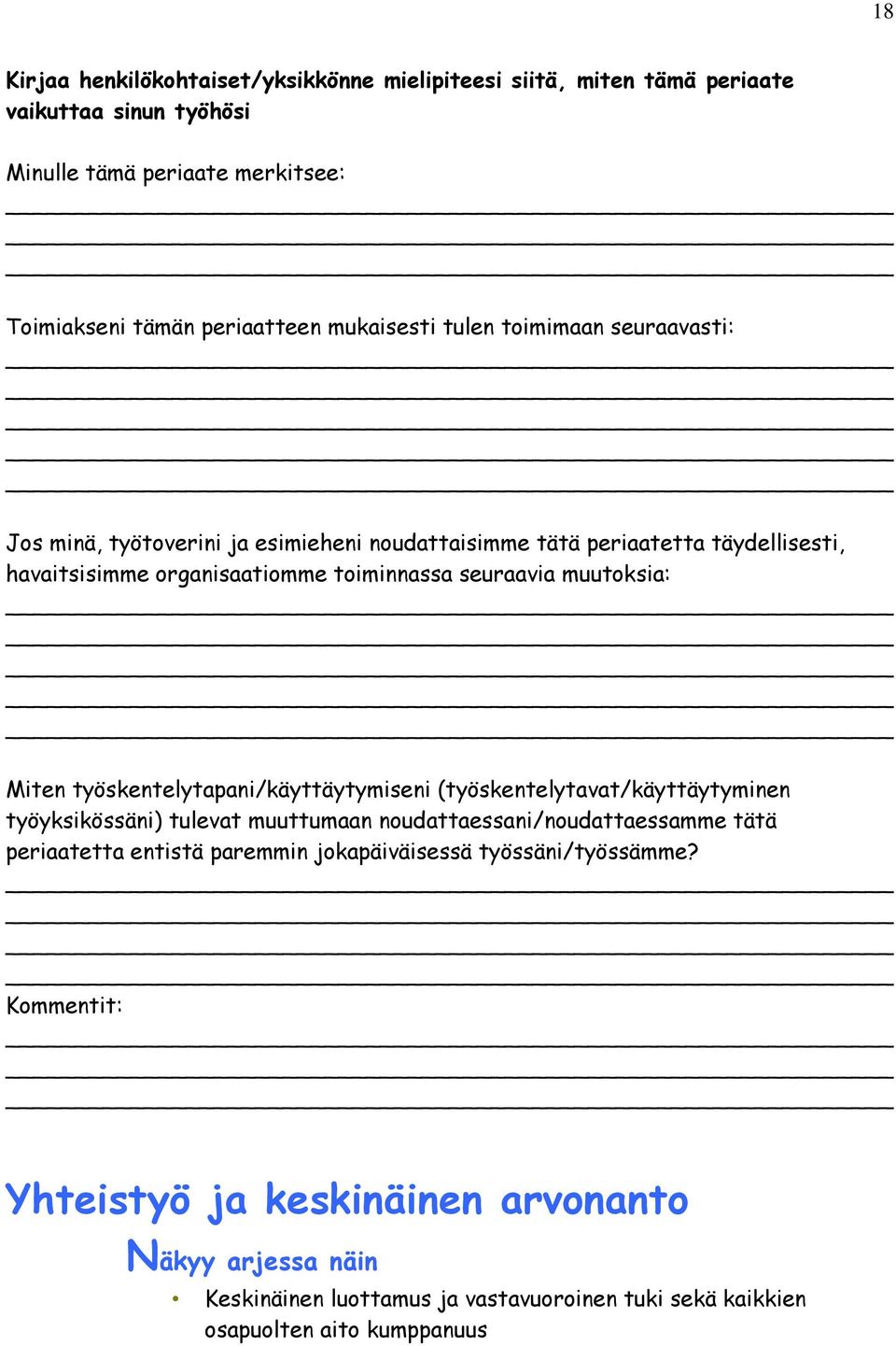 Miten työskentelytapani/käyttäytymiseni (työskentelytavat/käyttäytyminen työyksikössäni) tulevat muuttumaan noudattaessani/noudattaessamme tätä periaatetta entistä paremmin