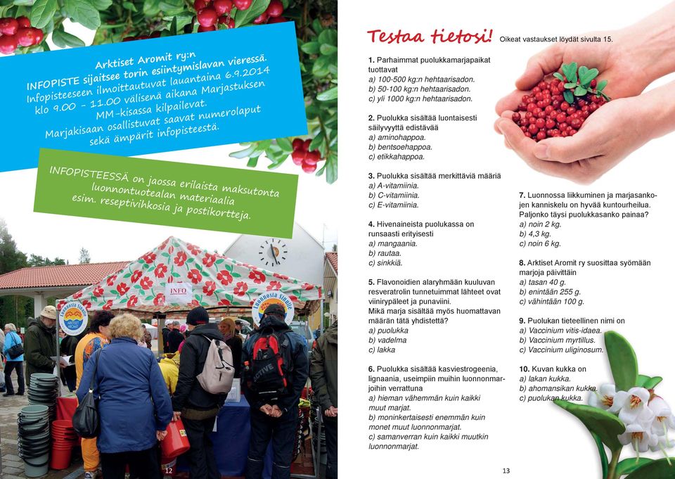 b) 50-100 kg:n hehtaarisadon. c) yli 1000 kg:n hehtaarisadon. 2. Puolukka sisältää luontaisesti säilyvyyttä edistävää a) aminohappoa. b) bentsoehappoa. c) etikkahappoa.