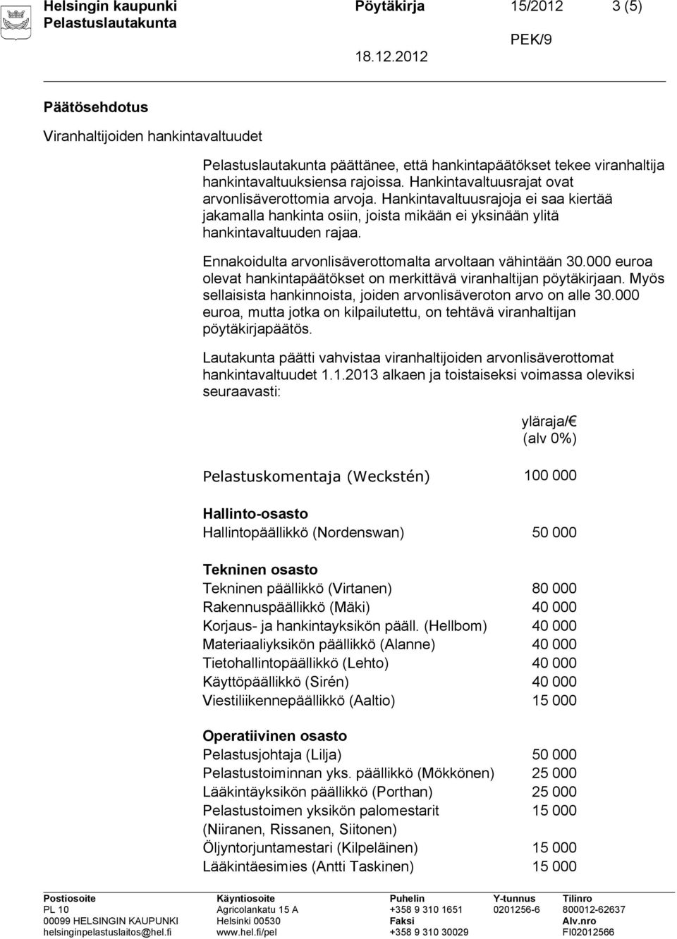 Ennakoidulta arvonlisäverottomalta arvoltaan vähintään 30.000 euroa olevat hankintapäätökset on merkittävä viranhaltijan pöytäkirjaan.