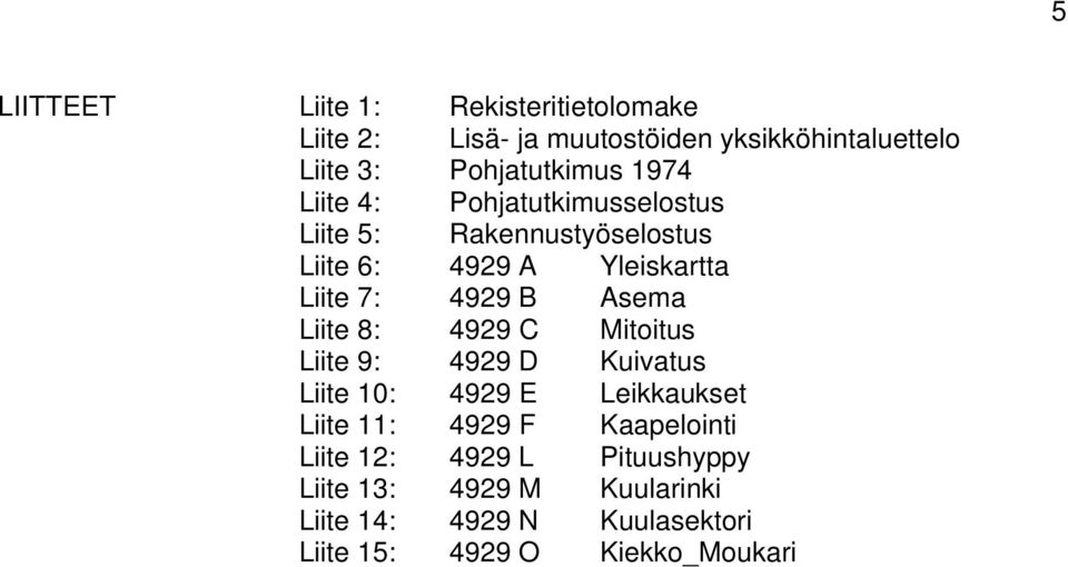 7: 4929 B Asema Liite 8: 4929 C Mitoitus Liite 9: 4929 D Kuivatus Liite 10: 4929 E Leikkaukset Liite 11: 4929 F