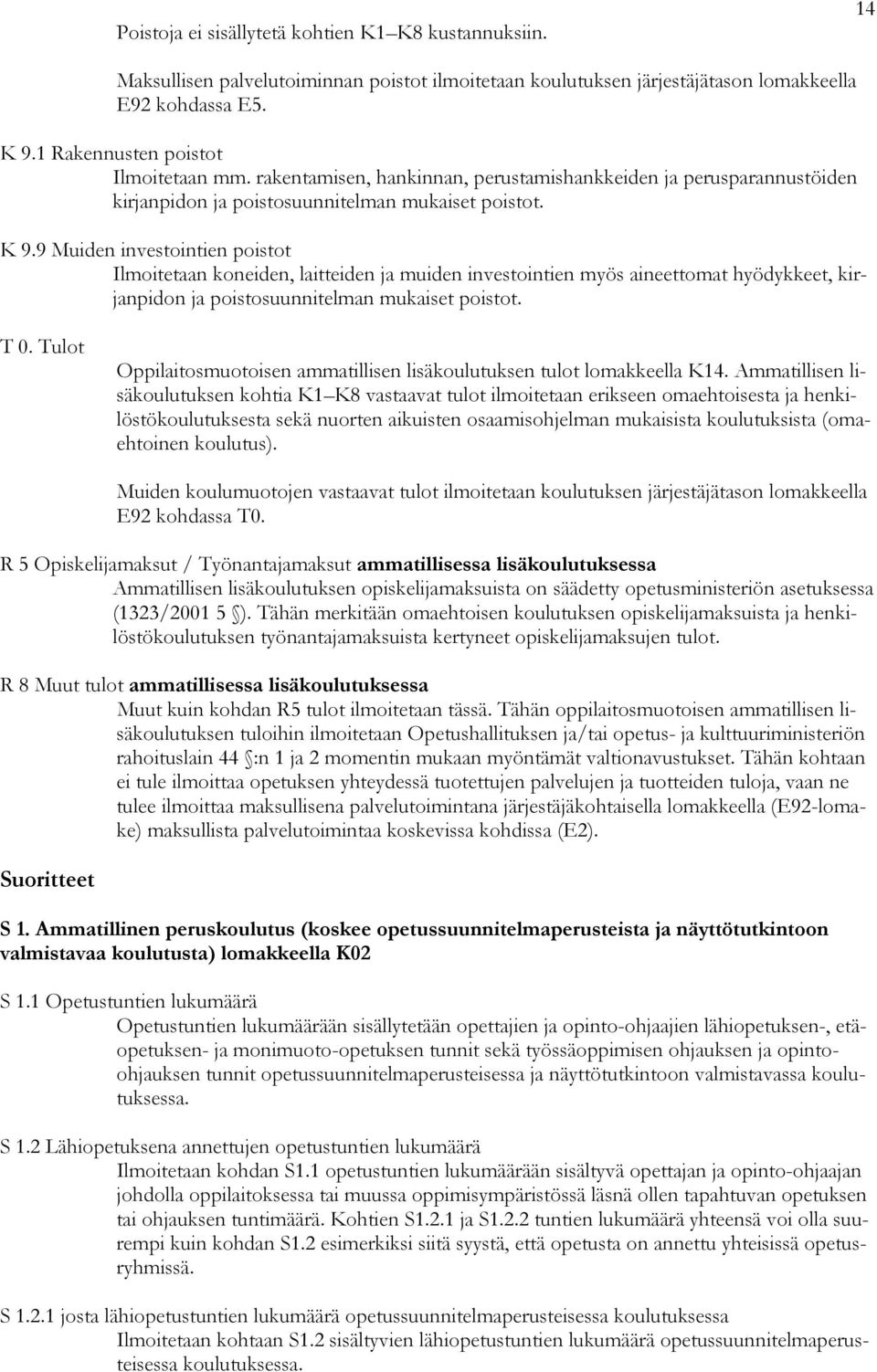 9 Muiden investointien poistot Ilmoitetaan koneiden, laitteiden ja muiden investointien myös aineettomat hyödykkeet, kirjanpidon ja poistosuunnitelman mukaiset poistot. T 0.