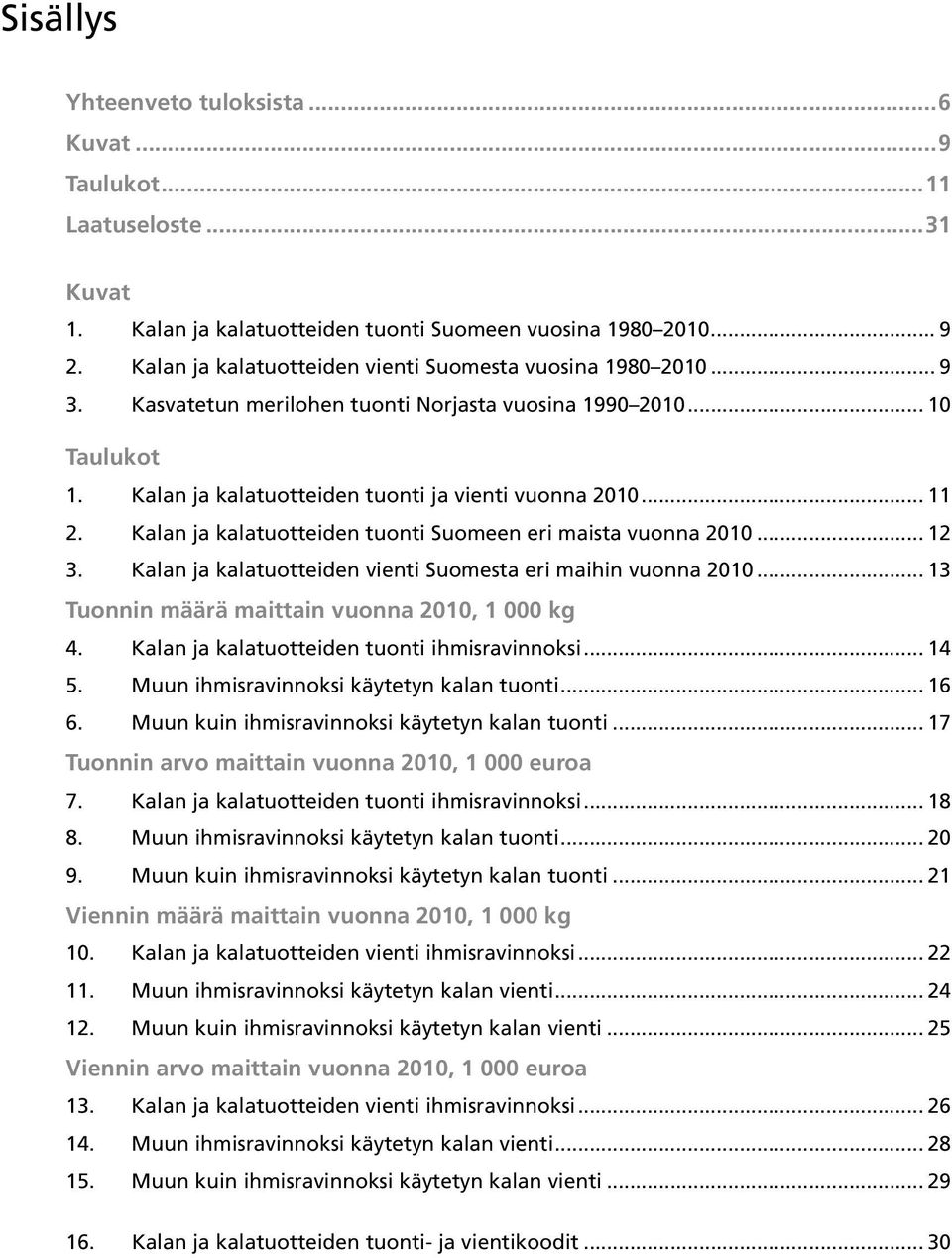 Kalan ja kalatuotteiden tuonti Suomeen eri maista vuonna 2010... 12 3. Kalan ja kalatuotteiden vienti Suomesta eri maihin vuonna 2010... 13 Tuonnin määrä maittain vuonna 2010, 1 000 kg 4.