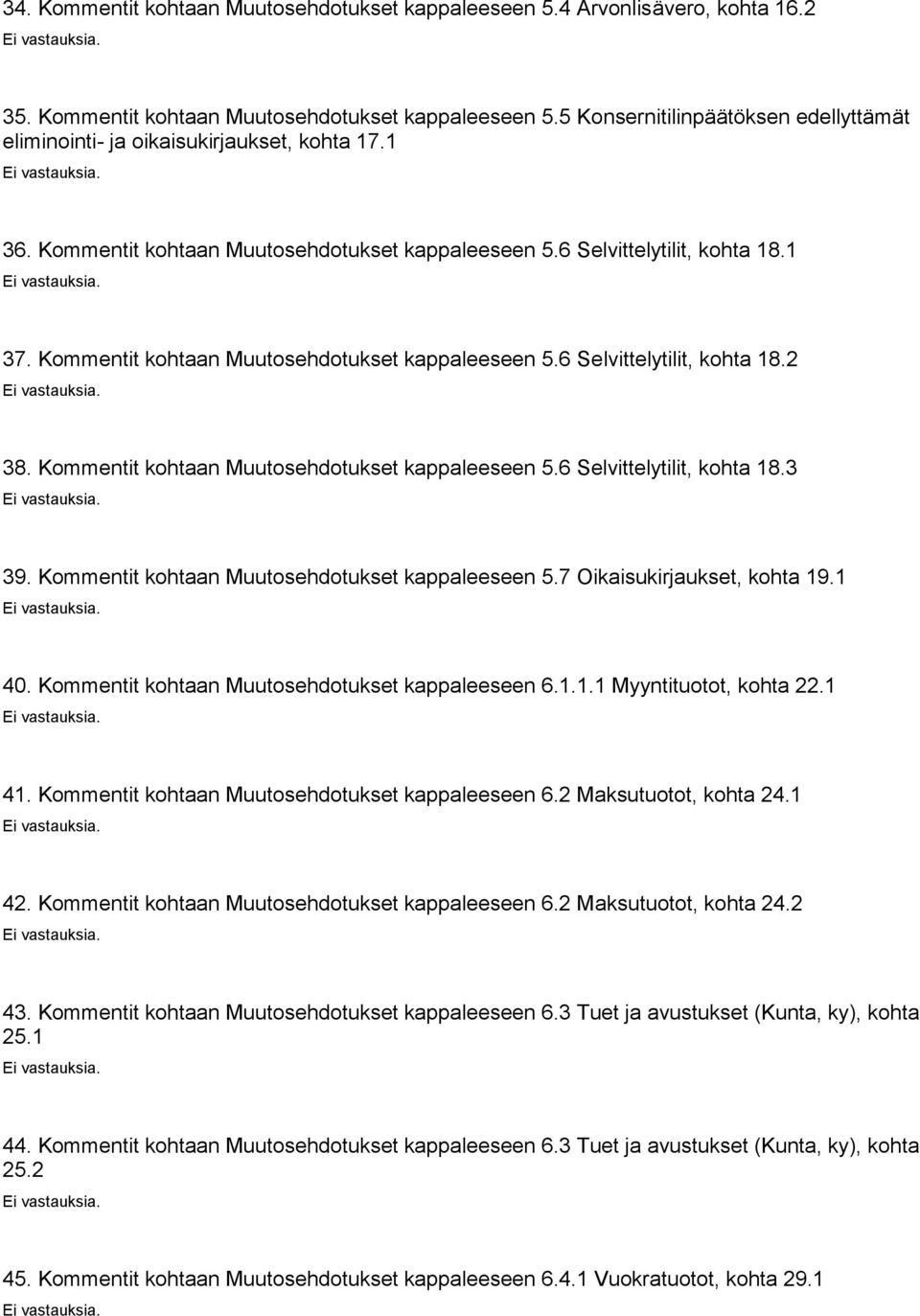 Kommentit kohtaan Muutosehdotukset kappaleeseen 5.6 Selvittelytilit, kohta 18.3 39. Kommentit kohtaan Muutosehdotukset kappaleeseen 5.7 Oikaisukirjaukset, kohta 19.1 40.