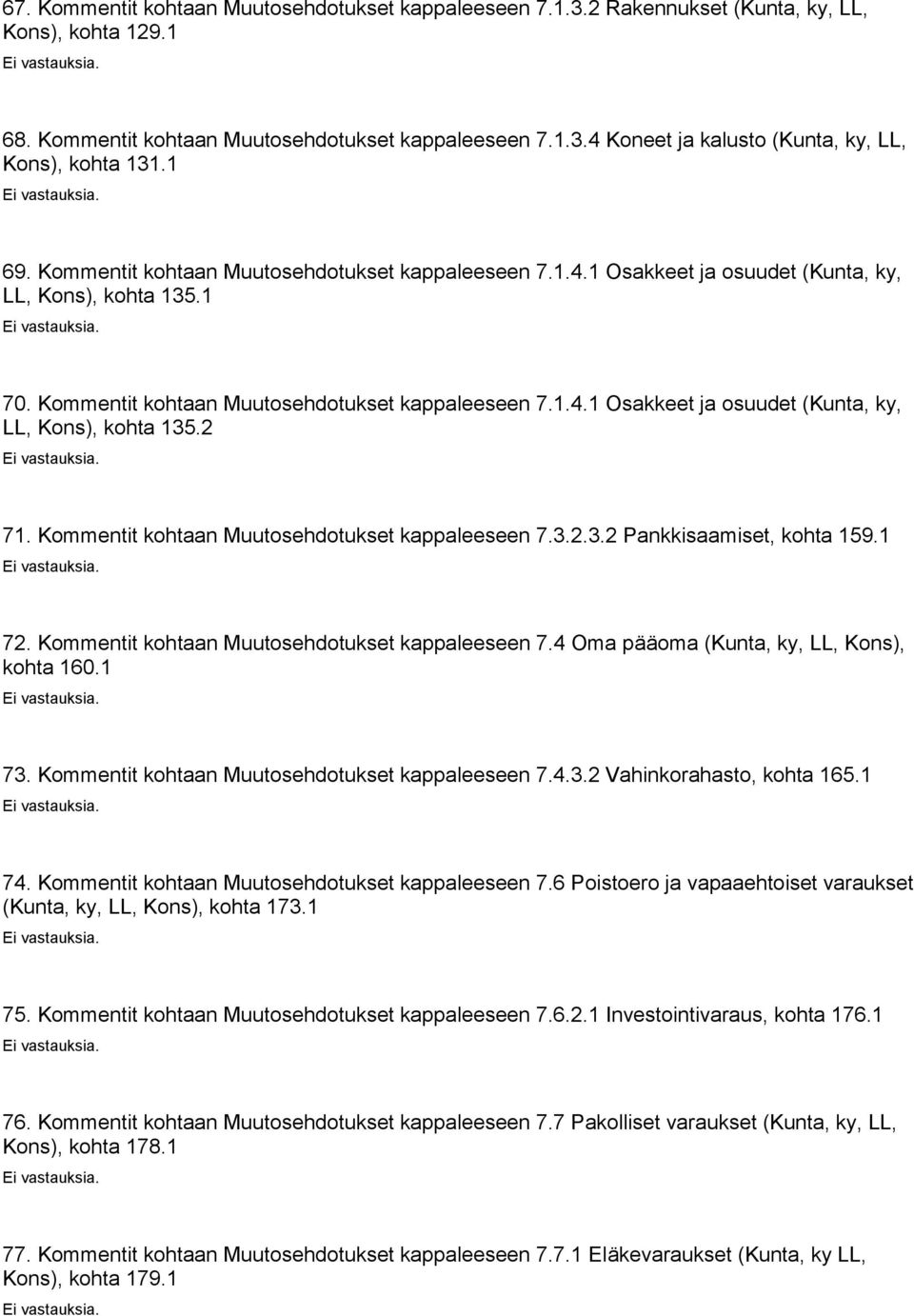 Kommentit kohtaan Muutosehdotukset kappaleeseen 7.3.2.3.2 Pankkisaamiset, kohta 159.1 72. Kommentit kohtaan Muutosehdotukset kappaleeseen 7.4 Oma pääoma (Kunta, ky, LL, Kons), kohta 160.1 73.