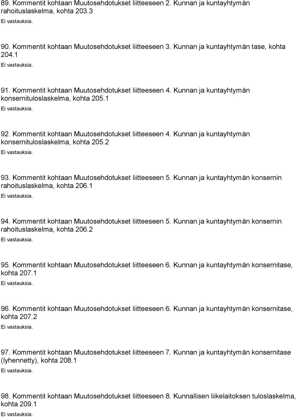 Kommentit kohtaan Muutosehdotukset liitteeseen 5. Kunnan ja kuntayhtymän konsernin rahoituslaskelma, kohta 206.1 94. Kommentit kohtaan Muutosehdotukset liitteeseen 5.
