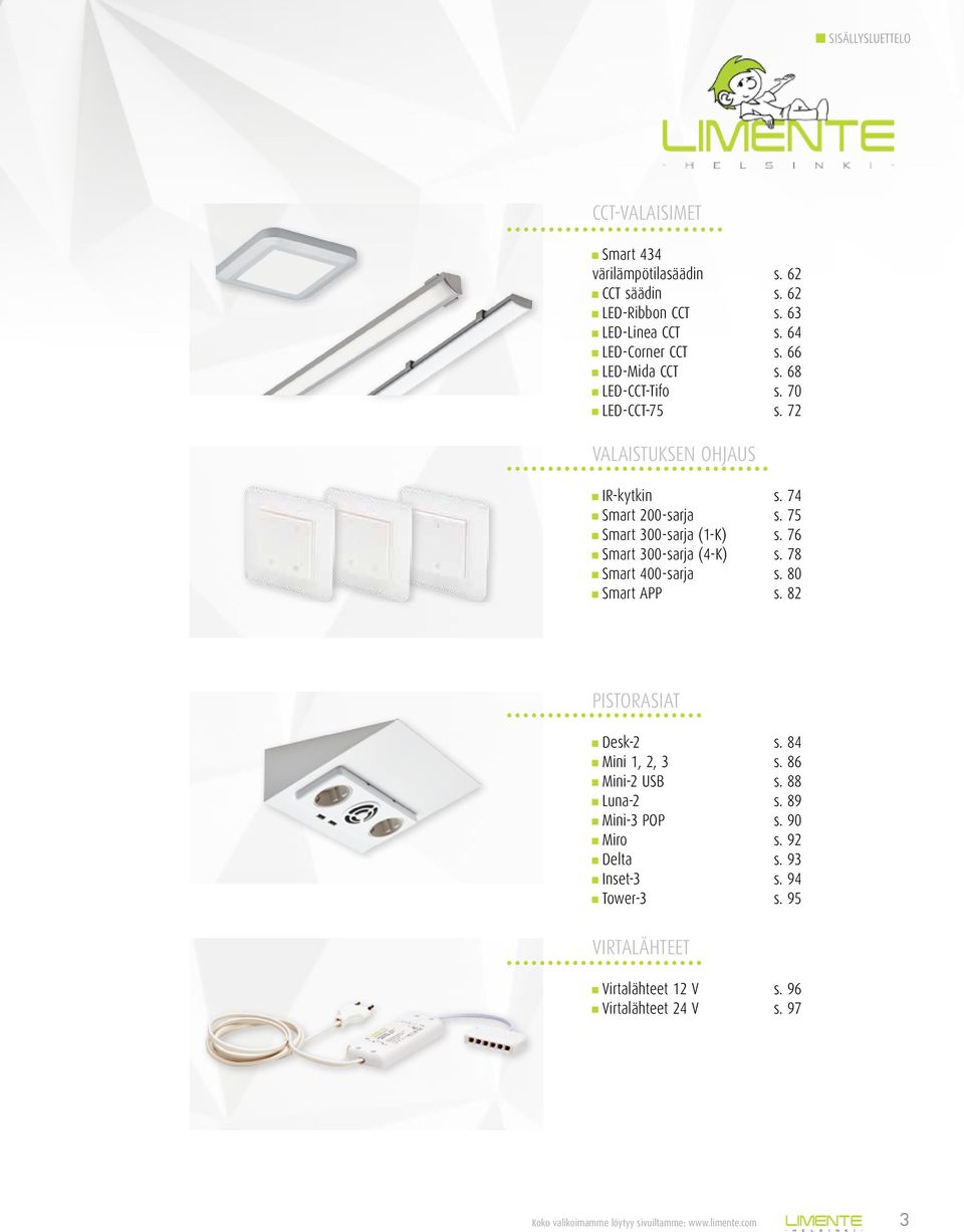 76 Smart 300-sarja (4-K) s. 78 Smart 400-sarja s. 80 Smart APP s. 82 PISTORASIAT Desk-2 s. 84 Mini 1, 2, 3 s. 86 Mini-2 USB s. 88 Luna-2 s. 89 Mini-3 POP s.